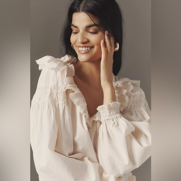 Anthropologie Pinstripe Ruffled V-Neck Blouse - Picture 4 of 9